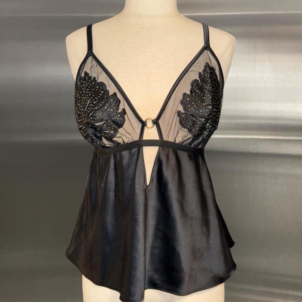 Black Monstera Leaf Rhinestone Mesh Cami
